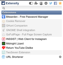 Picture of Extensity displaying some extensions enabled while others are disabled
