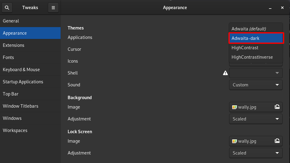 Screenshot of the Tweaks app showing the dark mode option