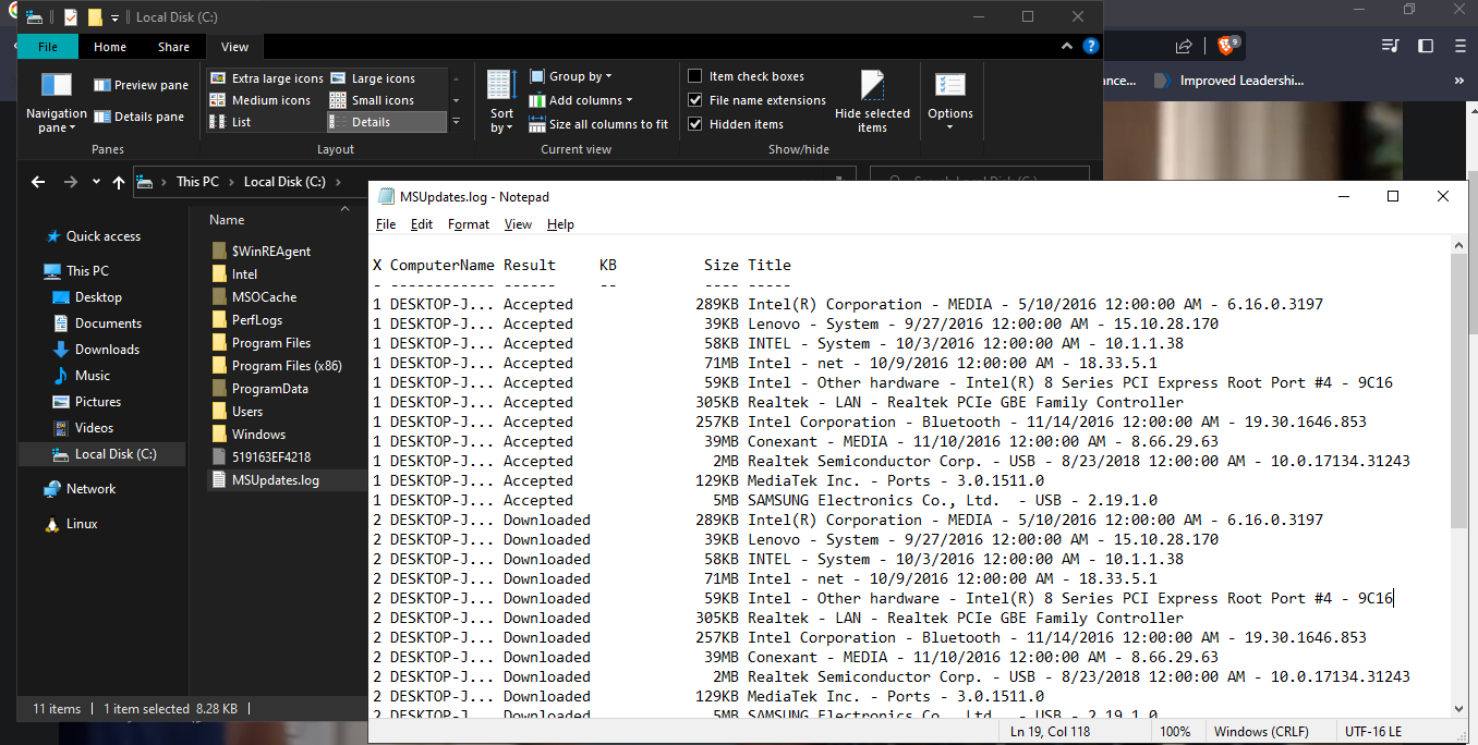 screenshot of the log file
